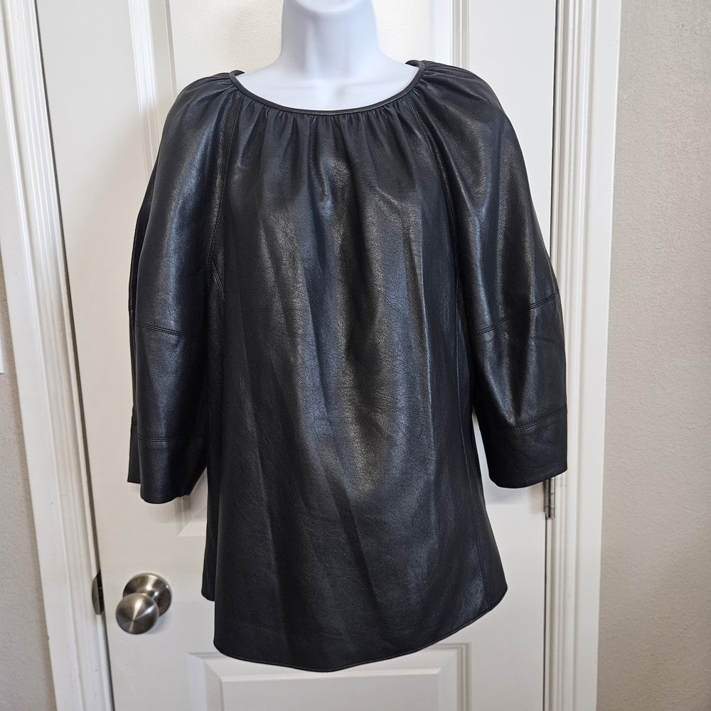 Rebecca Taylor Vegan Faux Leather 3/4 Top Blouse Shirt Sz 16 NWT